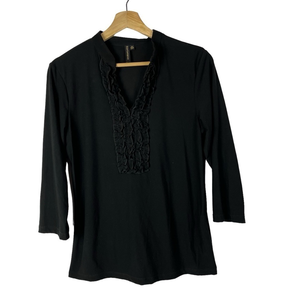 Susan Lawrence Black Tuxedo Ruffle Front Long Sleeve Top M